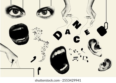 Trendy vintage collage conception with symbols set. Halftone collection with dance text, eyes, hands, open female mouth singing, ears listening music sound in retro pop art style. Vector illustration.