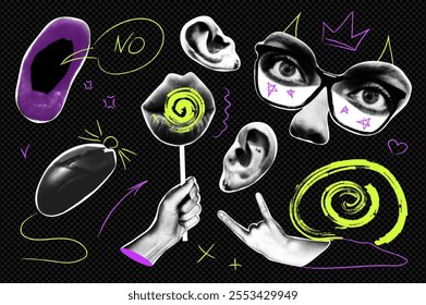 Trendy vintage collage conception with symbols set. Halftone collection with open mouth with speech bubble, eyes glasses, hands hold lips lollipop, ears, other in pop art style. Vector illustration.