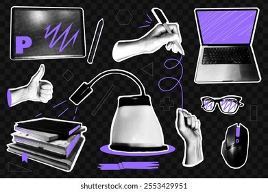 Trendy vintage collage conception with symbols set. Halftone collection with gesturing hands, laptop, graphic tablet, books, glasses, lamp, computer mouse in retro pop art style. Vector illustration.