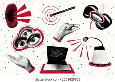 Trendy vintage collage conception with symbols set. Halftone collection with screaming mouth, targeting pen, yes, teeth, laptop, lamp, gesturing hands in retro pop art style. Vector illustration.