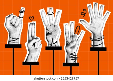 Trendy vintage collage conception with symbols set. Halftone collection with hands show one, two, three, four and five fingers with drawing scribble sings in retro pop art style. Vector illustration.