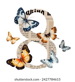 Trendy vintage collage element for March 8 on transparent background. Retro newspaper clipping in figure 8 shape with vintage halftone butterflies. Collage element for banners, designs, etc. 