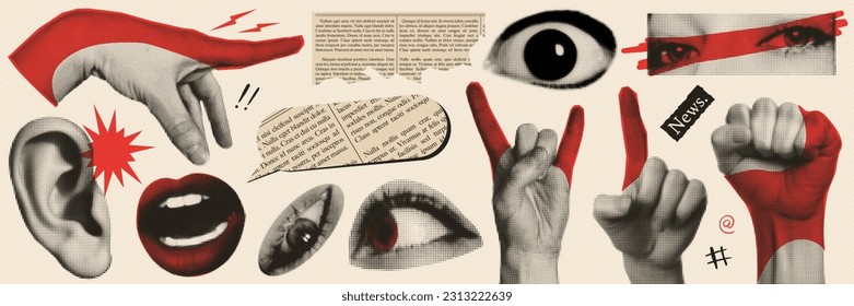Trendy vintage collage. Halftone lips, eyes, hands, ear. Retro newspaper and torn paper. Elements for banners, poster, sosial media. Vector. - Shutterstock ID 2313222639
