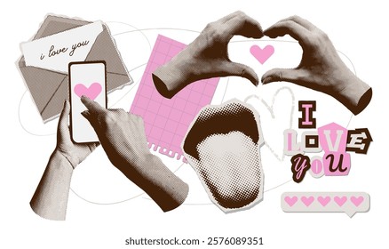 Trendy vintage collage with Retro halftone mouth with tongue and hands with heartd. Valentines day design paper elements. Pop art dotted style. Heart hands. Vintage newspaper parts. Vector.