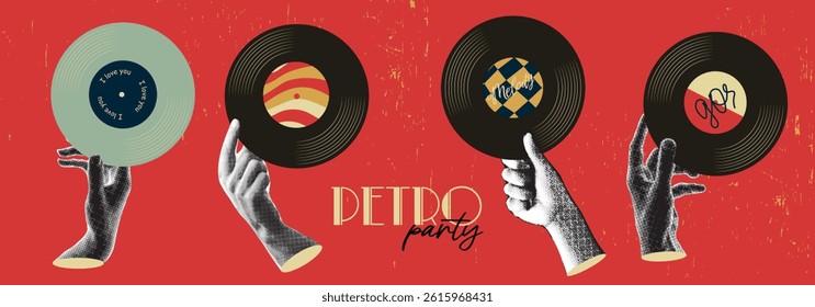 Trendy vintage collage set featuring hands holding vinyl records. Retro pop art illustration with a halftone effect. Vector illustration.