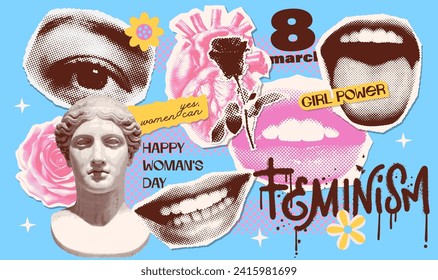 Trendy vintage collage torn out stickers set in grunge style. Halftone lips, eyes, heart, flower and antique female bust. Retro newspaper and torn paper. Elements for banners, social media. Vector.