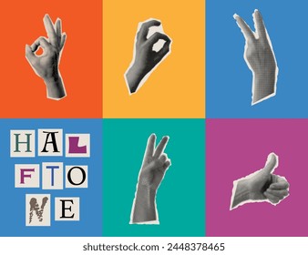 Trendy vintage collection of hands gesture signs.