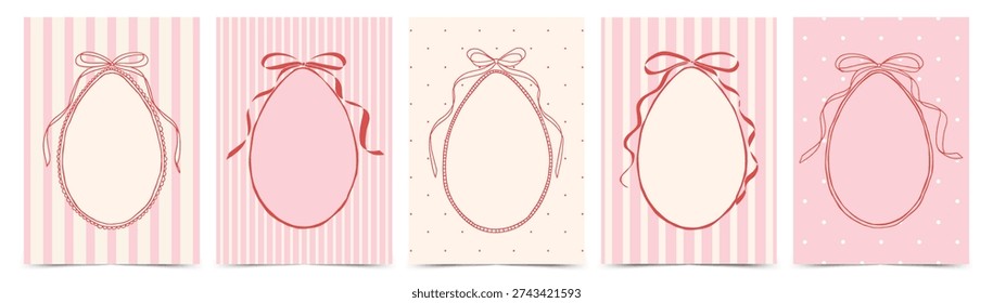 Trendy Vintage coquette oval Easter frames with egg shape, bows and ribbons. Doodle hand drawn design template for greeting card, invitation, wedding, baby shower, branding, poster, printable layout, menu