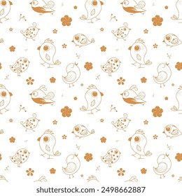 Patrón de moda de pájaros doodle vintage, Ilustración vectorial de oro, aislado sobre fondo blanco. Diseño de dibujos animados simple sin fisuras, naranja, amarillo, impresiones de tela, Fondos de pantalla y proyectos decorativos