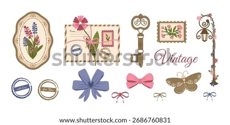 A trendy vintage flirty set. Vector elements for invitations, greeting cards, and more with bows and ribbons.