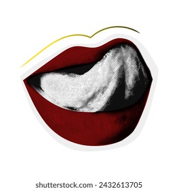 Trendy vintage halftone collage concept female tongue licking lips. Retro newspaper and torn paper. Elements for banners, posters, social networks.