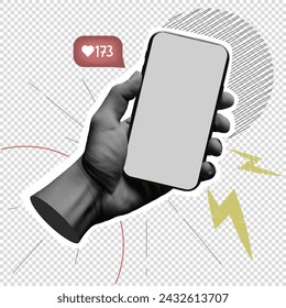 Trendy vintage halftone collage concept male hand holding smartphone. The blogger will view the likes. Viral content on social networks. Creative work