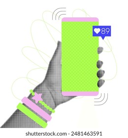 Trendy vintage halftone collage concept of hand holding smartphone. Young blogger view the likes. Viral content on social networks. Creative mixed media image. Vector illustration.