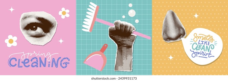 Trendy vintage halftone collage covers set for Spring Cleaning concept. Hand holding broom , nose and eye with funny quote. Spring cleaning square banners collection. Vector illustration