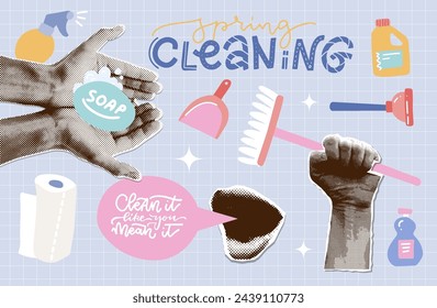 Trendy vintage halftone collage paper elements set of Cleaning concept. Hands holding soap, broom. Spring cleaning collection with funny lettering quote. Vector illustration