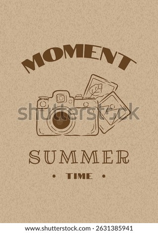 Trendy Vintage Poster with Doodle Camera and Retro Typography on Kraft Paper Background. Modern Summer Card with Hand Drawn  Line Art Icon Element. Vector Illustration Eco Brown Kraft Sheet Texture.