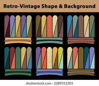 Trendy vintage retro sunset, badge, color, shape, frame, style, abstract,  pattern, vector grunge background elements, template.