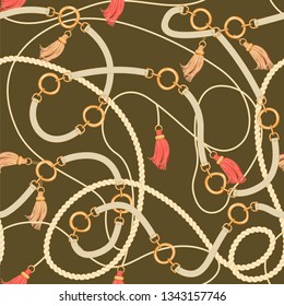 Trendy vintage seamless pattern with gold chains, tassels, belts and rope on khaki background. Vector illustration for textile, scarf, fabric, wrapping paper, silk shawls.