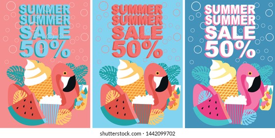 Trendy vintage style retro flat design vector layout background summer sale summer, holiday, vacation poster set ice cream flamingo watermelon palm illustration summertime 