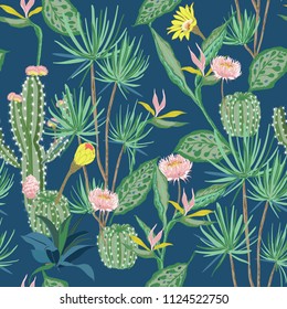 Trendy Vintage Summmer Seamless Pattern Vector Tropical ,flower,bird Of Paradise And Cactus Forest ,hand Drawing Style For Fashion,fabric And All Prints On Reto Blue Background.