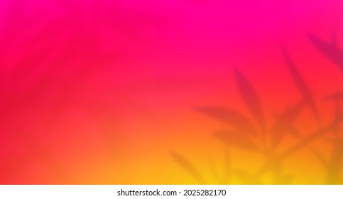 Trendy Vintage Sunset Gradient Background with Leaves Silhouettes. Abstract Vector Bg with Blurred Leaves Overlay. 