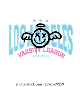 Trendy Vintage typography retro college varsity league Los angels California slogan print with grunge effect urban graffiti emoji for graphic tee t shirt or sweatshirt. Isolated Vector