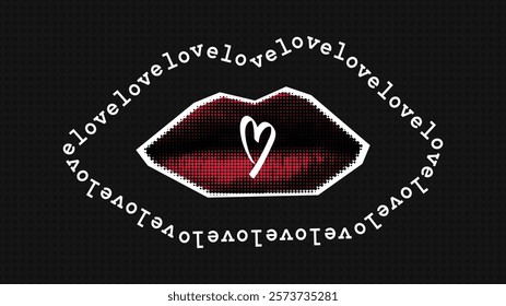 Trendy vintage vector collage in halftone style with red lips, doodle heart and love text for Valentines Day designs