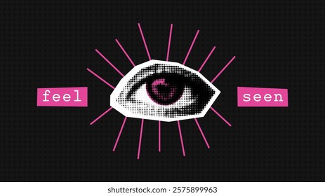 Trendy vintage vector collage in halftone style. Open illuminated eye with pink iris and lashes watching