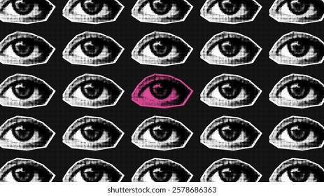 Trendy vintage vector collage pattern in halftone style. One pink open eye watching among many black and white eyes