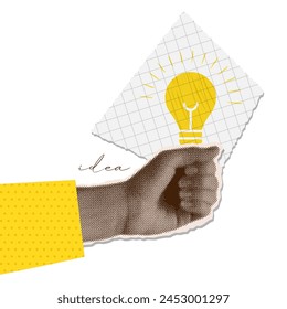 Trendy vintage vector halftone collage banner. A hand cut out of paper holds a light bulb that symbolizes an idea. Clippings from a magazine with text. Retro poster design.