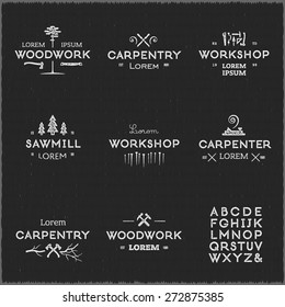 Trendy vintage woodwork logo set. Letterpress look. High quality vector design elements.