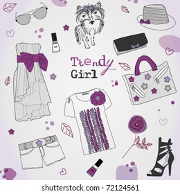 Trendy violet girl set, stylized doodles