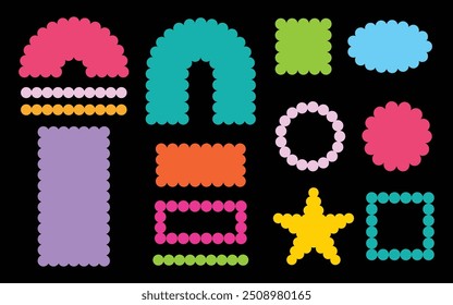 Trendy vivid colors abstract and geometrical different shapes modern design elements icons set with cute round scalloped borders on black background