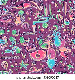 Trendy vivid images in the style of doodle art. Seamless texture. Sea mix of animals, fish, fairy mermaid, cats, bubbles, stars. Fun texture, cartoon style