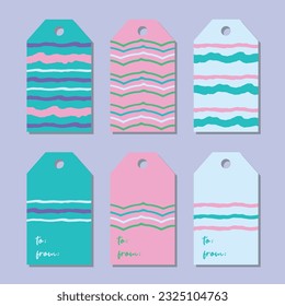 Juego de etiquetas vívidas de moda con banda ondulada para imprimir.