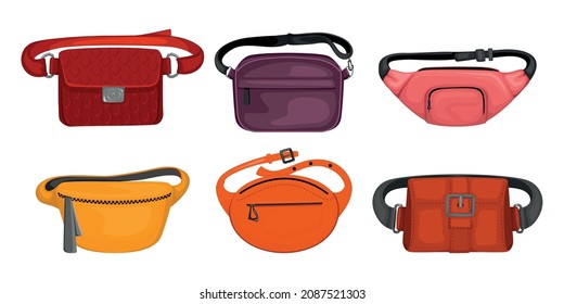 Trendy waist bags set of different shape and color unisex items with latch buckle and zippers isolated vector illustration