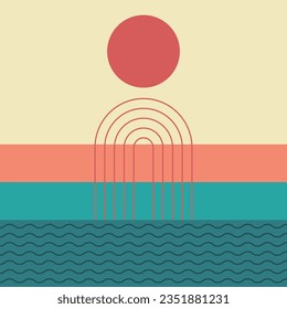 Trendy wall art design with sun and retro stripes. Bauhaus art style. Mid century decoration. Minimal nature scene with ocean. 60s, 70s abstract geometric shapes. Sunset landscape. Vector illustration
