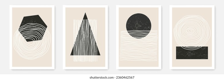 Trendy Wall Art Posters Set with Lines and Geometric Shapes. Abstract Minimalist Line Art Prints set, Good for Wall Decor, Creative Cover and Brochure Design, Cards. Vector Illustration