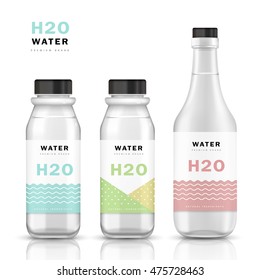 Trendy water bottle template, mockup template design with labels. 3D illustration
