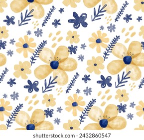 Trendy Watercolor Floral Seamless Vector Pattern. Infantile Drawing-like Abstract Garden.Yellow and Blue Hand Painted Flowers and Twigs on a White Background.Cute Infantile Style Floral Endless Print.