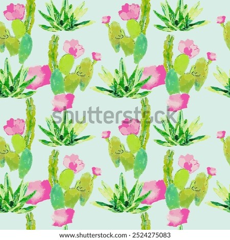 Trendy Watercolor seamless pattern with green cactus. Bright background. Can be used for gift wrap, fabric, cover and interior design with flowers.