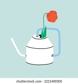 Trendy watering pot with flower inside. Modern rustic style illustration with home decoration. Cartoon vector with isolated items