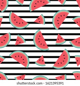 Trendy watermelon pattern with horizontal black stripes. Flat cartoon style. Minimalist, simple. Can be used as a wallpaper, wrapping paper, textile print, backdrop etc. Seamless vector illustration.