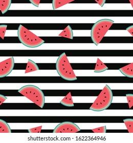 Trendy watermelon pattern with horizontal black stripes. Flat cartoon style. Minimalist, simple. Can be used as a wallpaper, wrapping paper, textile print, backdrop etc. Seamless vector illustration.
