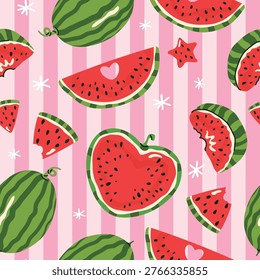 Trendy watermelon seamless pattern with juicy slices, popsicles, cubes, and fun shapes for summer designs, stickers, prints, social media, party invitations. Summer fruit collection