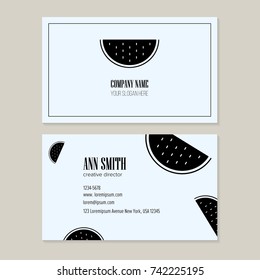 Trendy Watermelon slice Logo Design with template business card for creative director. Visual identity for modern shop, cosmetics packaging, beauty and spa studio.