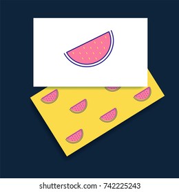 Trendy Watermelon slice Logo Design with template business card for creative director. Visual identity for modern shop, cosmetics packaging, beauty and spa studio.