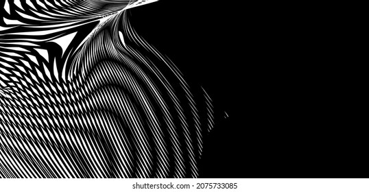 Trendy wave abstract banner with stripes deformation effect on black background. Modern backdrop saver for web design, business card, mobile apps, poster, banner, package.