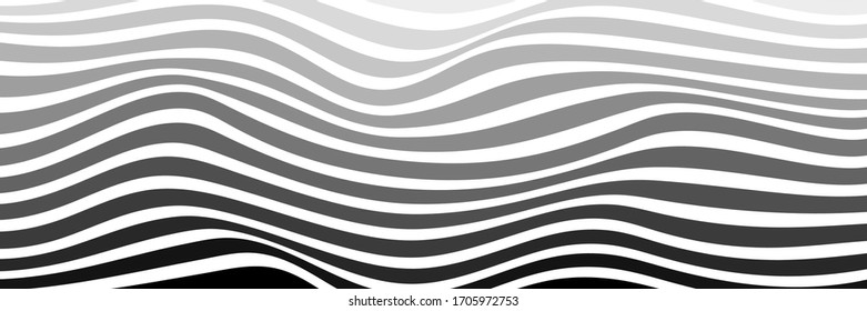 Trendy wavy background soft color transition. Vector illustration of striped pattern with optical illusion. Long horizontal banner