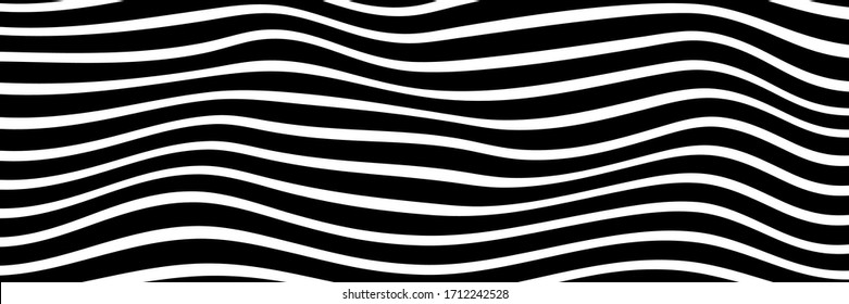 Trendy wavy background. Vector illustration of striped pattern with optical illusion, op art. Long horizontal banner